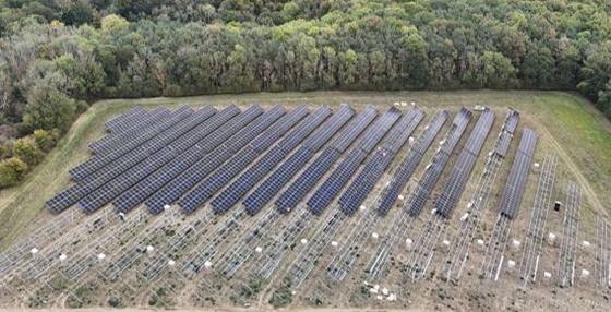 Aerial view of a ground-mounted solar farm